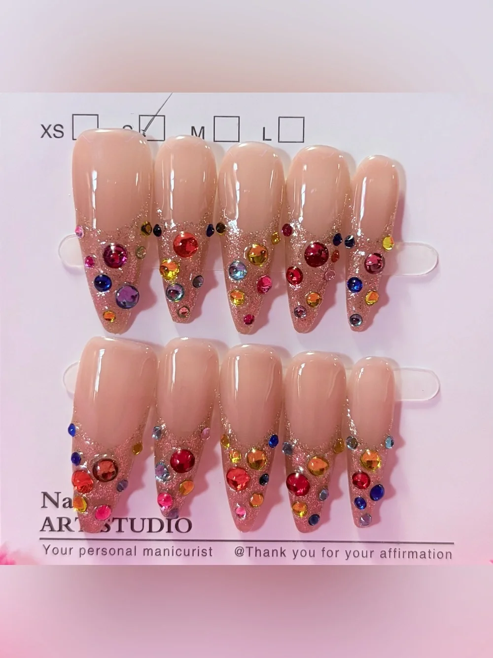 Nude Pink Stiletto Press-On Nails with Multicolor Rhinestones